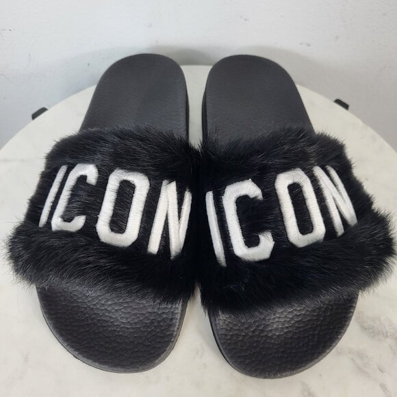 NWB~$825~DSQUARED2~7.5/8~ICON BLACK WHITE GENUINE  RABBIT FUR SANDALS SLIDES - Picture 13 of 16